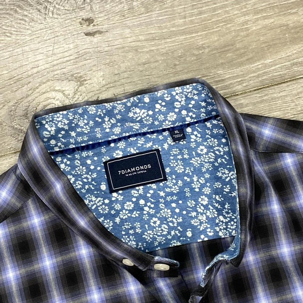 7 Diamonds Shirt Mens XL Blue Plaid Button Down Long Sleeve Higher Ground Casual